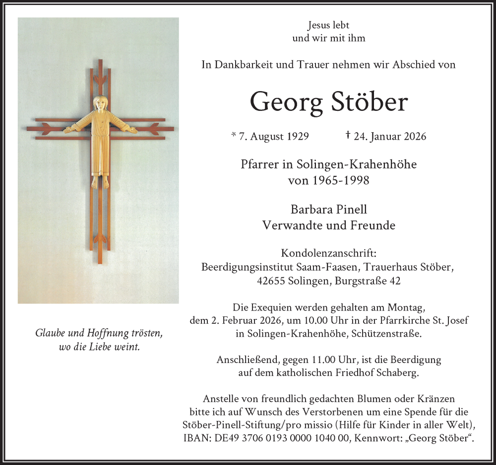  Traueranzeige für Georg Stöber vom 31.01.2026 aus Rheinische Post