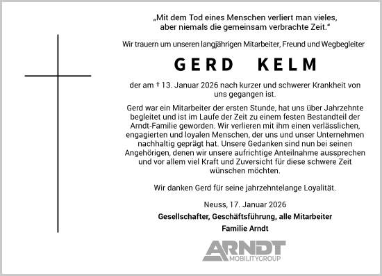 Traueranzeige von Gerd Kelm von Rheinische Post