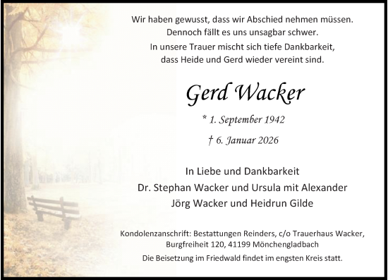 Traueranzeige von Gerd Wacker von Rheinische Post