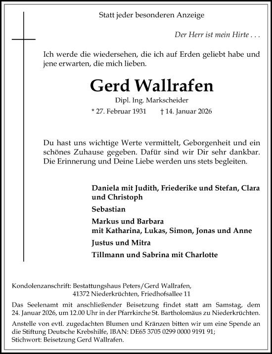 Traueranzeige von Gerd Wallrafen von Rheinische Post