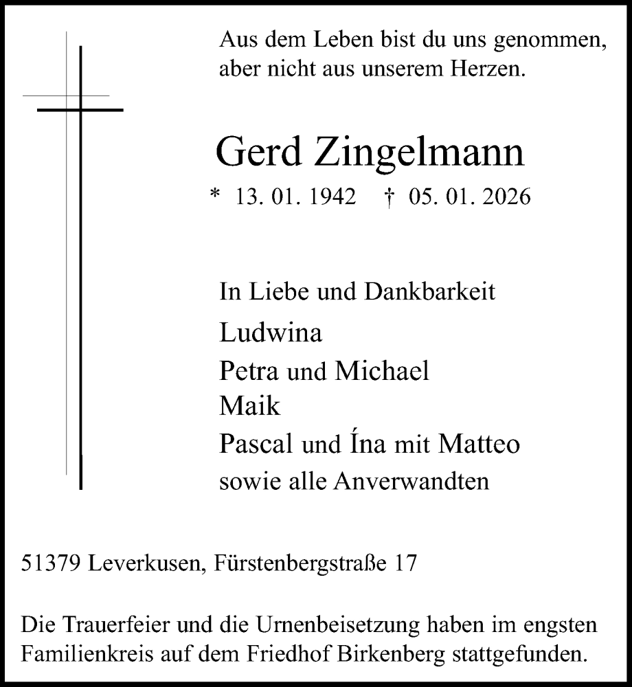  Traueranzeige für Gerd Zingelmann vom 24.01.2026 aus Rheinische Post