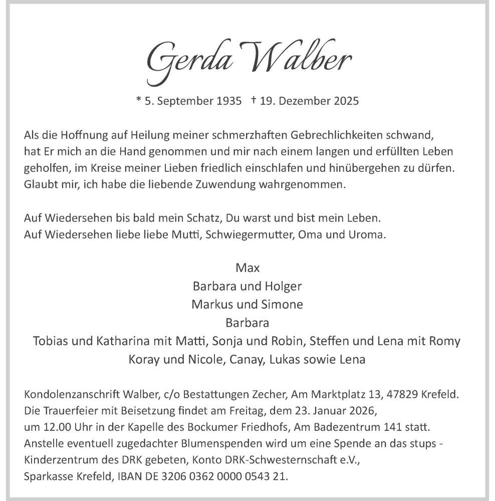  Traueranzeige für Gerda Walber vom 10.01.2026 aus Rheinische Post