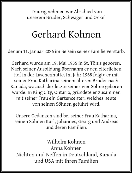 Traueranzeige von Gerhard Kohnen von Rheinische Post