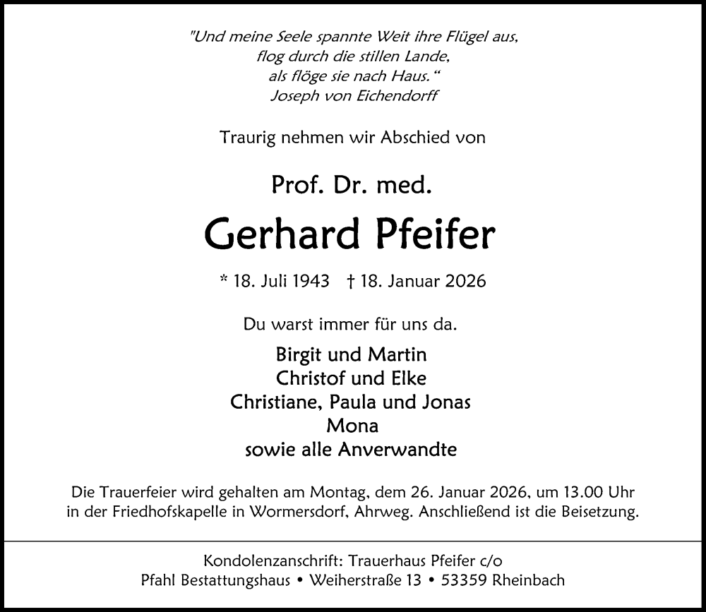  Traueranzeige für Gerhard Pfeifer vom 24.01.2026 aus Rheinische Post