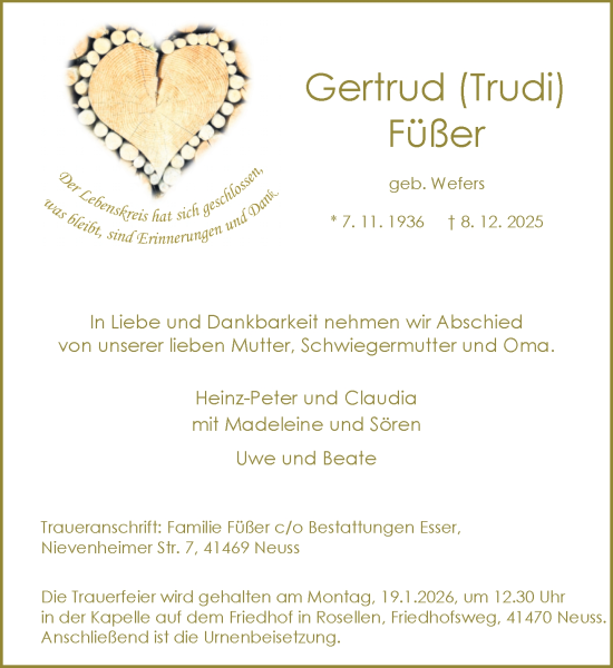 Traueranzeige von Gertrud Füßer von Rheinische Post