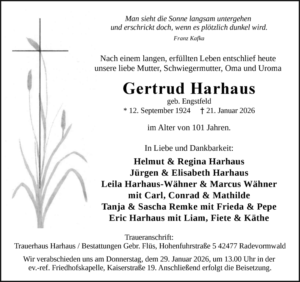  Traueranzeige für Gertrud Harhaus vom 24.01.2026 aus Rheinische Post
