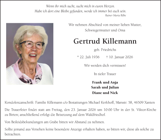 Traueranzeige von Gertrud Killemann von Rheinische Post