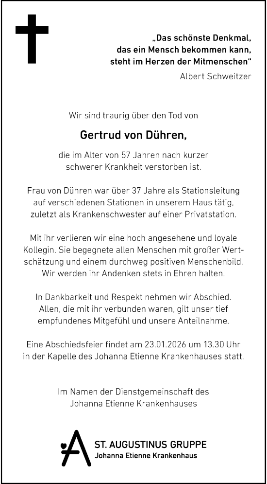 Traueranzeige von Gertrud von Dühren von Rheinische Post