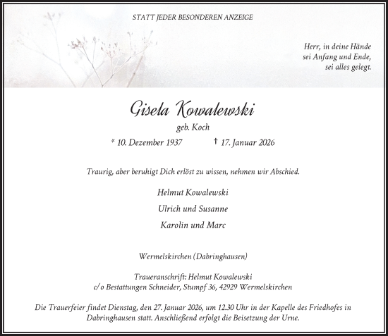 Traueranzeige von Gisela Kowalewski von Rheinische Post