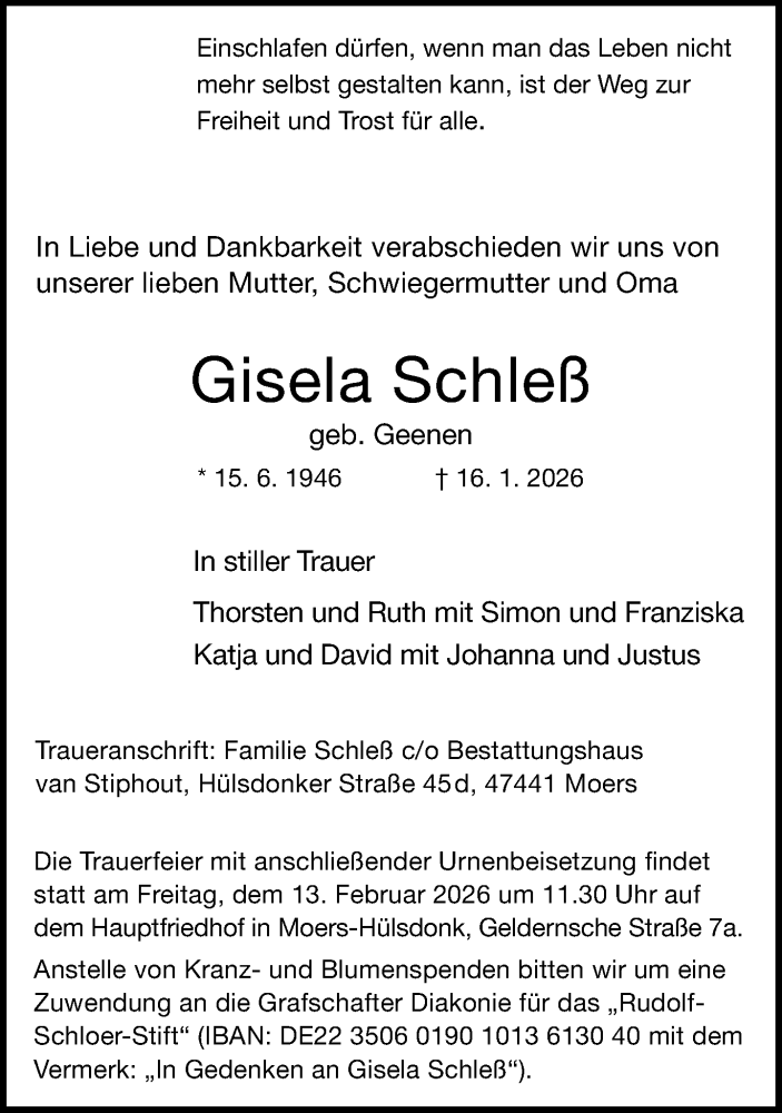  Traueranzeige für Gisela Schleß vom 24.01.2026 aus Rheinische Post