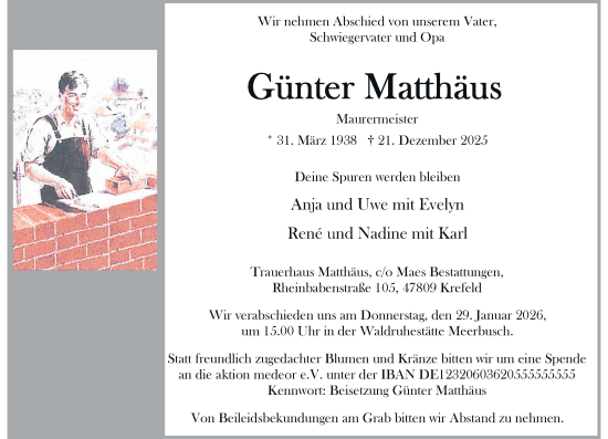 Traueranzeige von Günter Matthäus von Rheinische Post