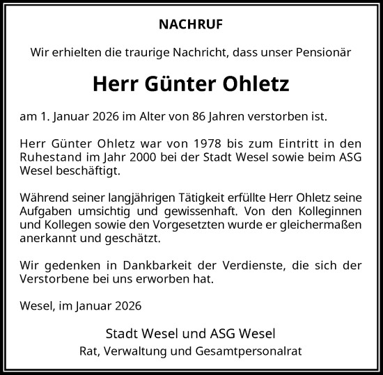 Traueranzeige von Günter Ohletz von Rheinische Post