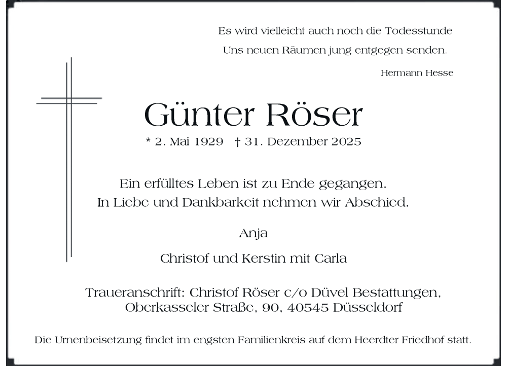  Traueranzeige für Günter Röser vom 10.01.2026 aus Rheinische Post