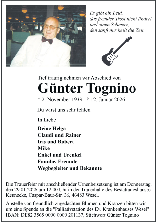 Traueranzeige von Günter Tognino von Rheinische Post