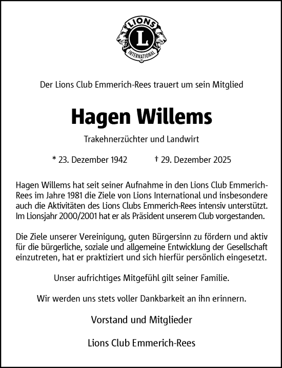 Traueranzeige von Hagen Willems von Rheinische Post