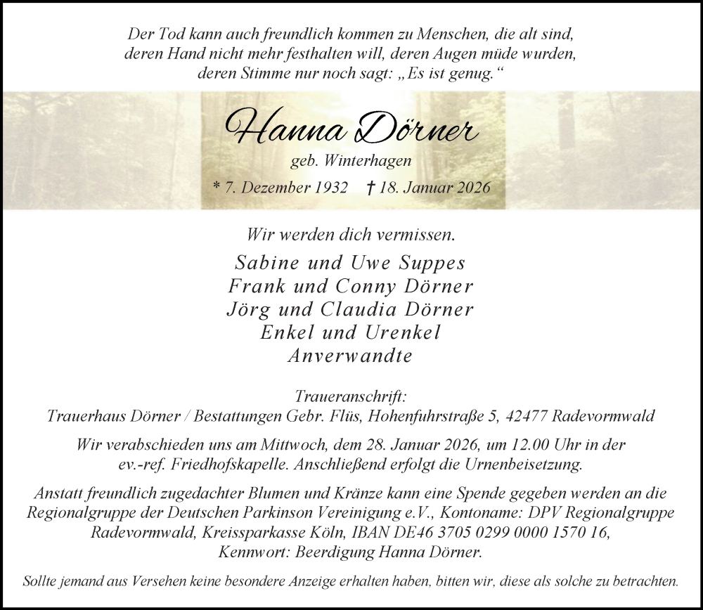  Traueranzeige für Hanna Dörner vom 24.01.2026 aus Rheinische Post