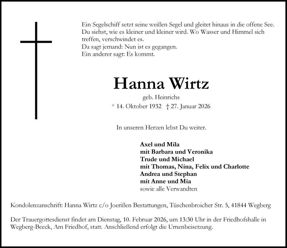  Traueranzeige für Hanna Wirtz vom 31.01.2026 aus Rheinische Post