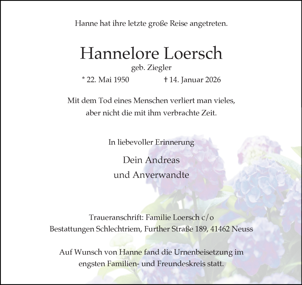  Traueranzeige für Hannelore Loersch vom 31.01.2026 aus Rheinische Post