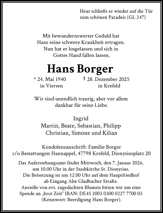 Traueranzeige von Hans Borger von Rheinische Post