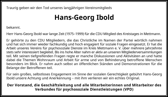 Traueranzeige von Hans-Georg Ibold von Rheinische Post