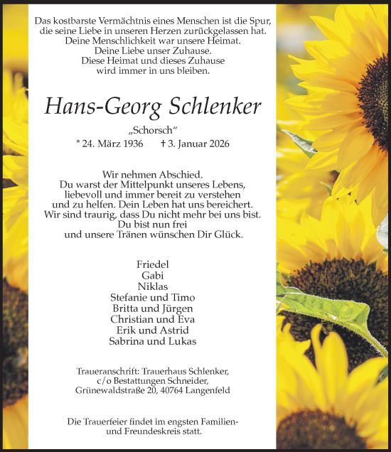Traueranzeige von Hans-Georg Schlenker von Rheinische Post