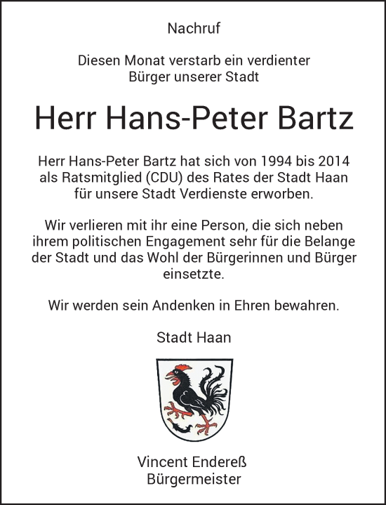 Traueranzeige von Hans-Peter Bartz von Rheinische Post
