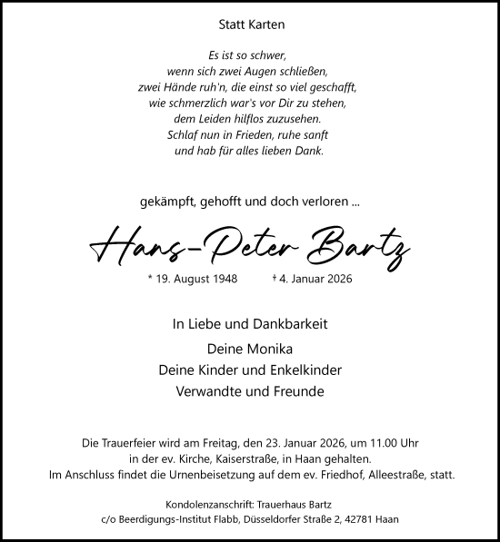 Traueranzeige von Hans-Peter Bartz von Rheinische Post