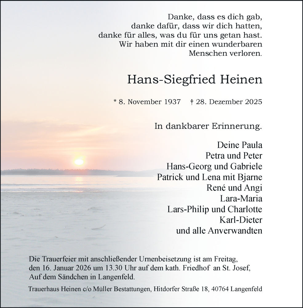  Traueranzeige für Hans-Siegfried Heinen vom 10.01.2026 aus Rheinische Post