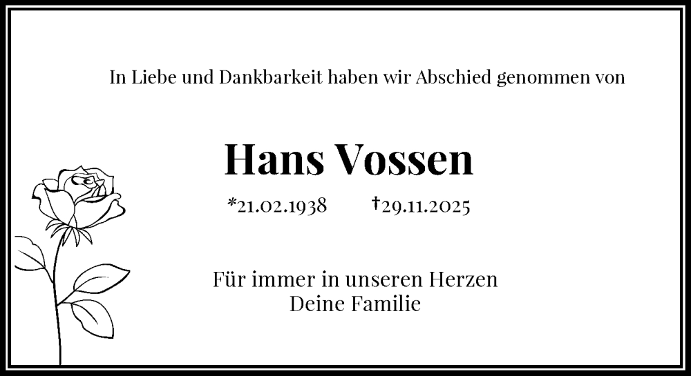  Traueranzeige für Hans Vossen vom 10.01.2026 aus Rheinische Post