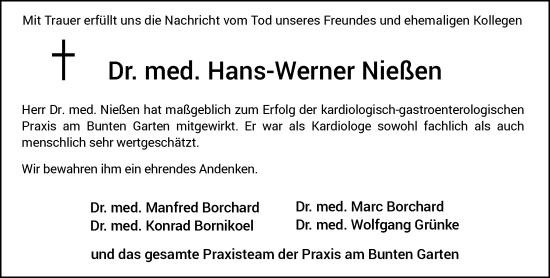 Traueranzeige von Hans-Werner Nießen von Rheinische Post
