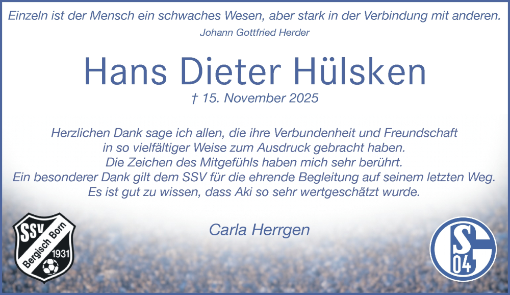  Traueranzeige für Hans Dieter Hülsken vom 03.01.2026 aus Rheinische Post