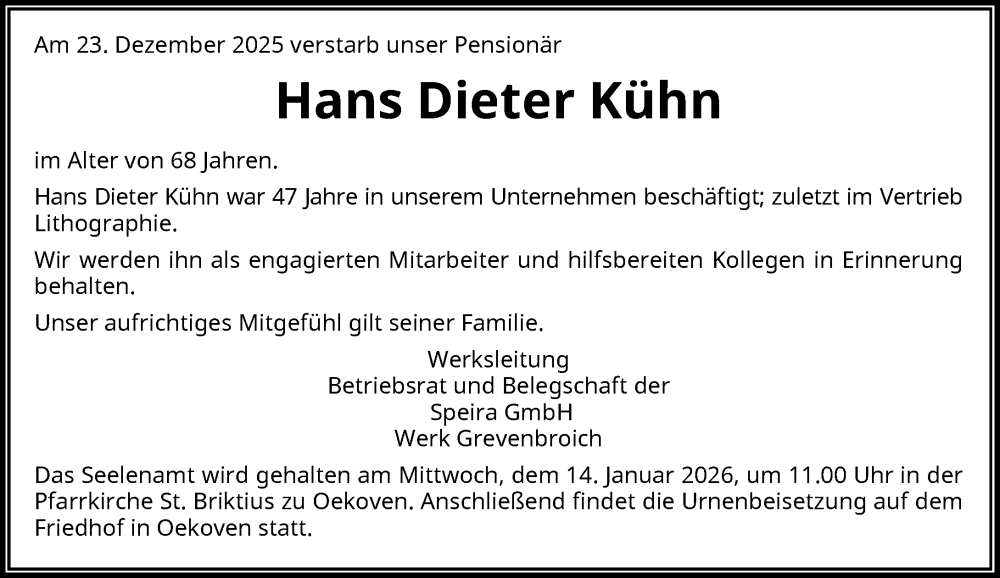  Traueranzeige für Hans Dieter Kühn vom 14.01.2026 aus Rheinische Post