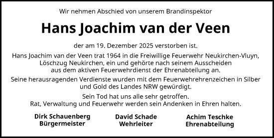 Traueranzeige von Hans Joachim van der Veen von Rheinische Post