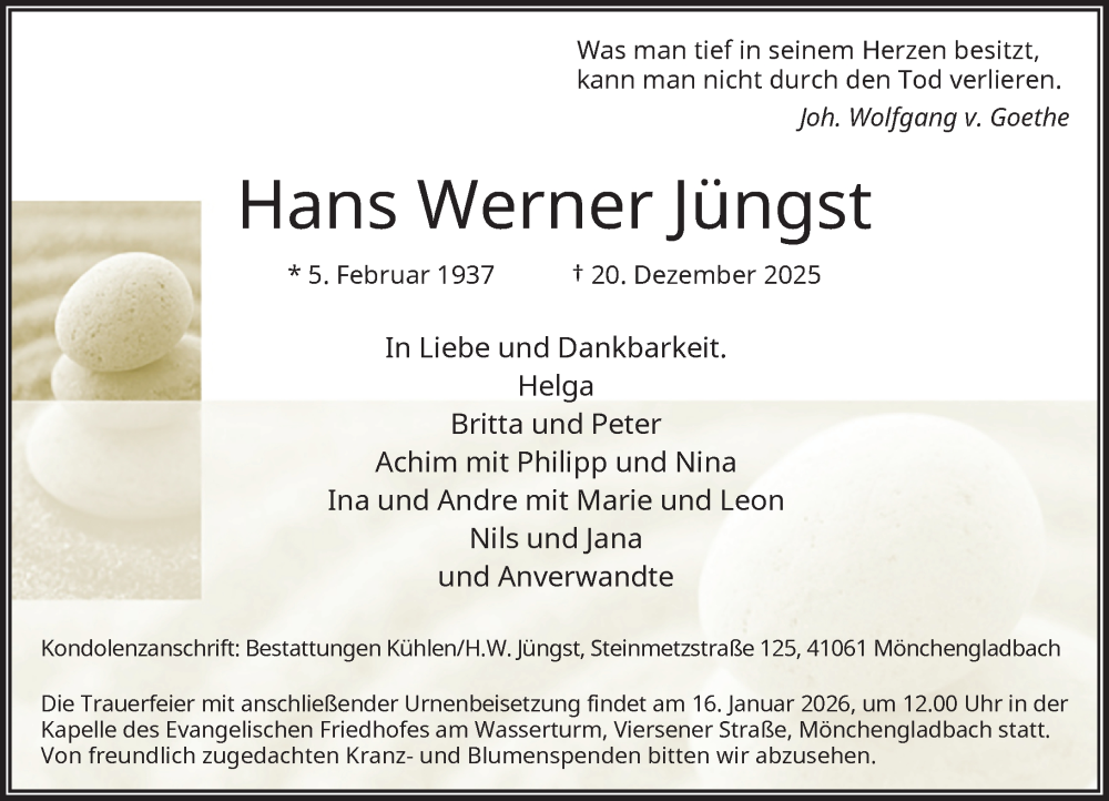  Traueranzeige für Hans Werner Jüngst vom 10.01.2026 aus Rheinische Post