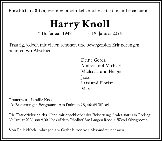 Traueranzeige von Harry Knoll von Rheinische Post