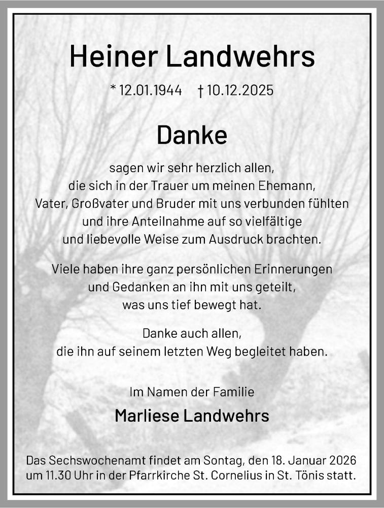  Traueranzeige für Heiner Landwehrs vom 10.01.2026 aus Rheinische Post