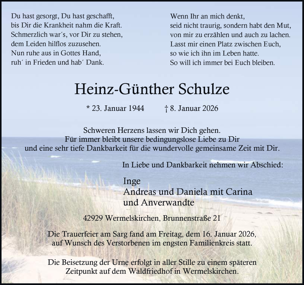  Traueranzeige für Heinz-Günther Schulze vom 17.01.2026 aus Rheinische Post