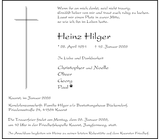 Traueranzeige von Heinz Hilger von Rheinische Post