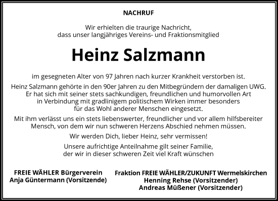Traueranzeige von Heinz Salzmann von Rheinische Post