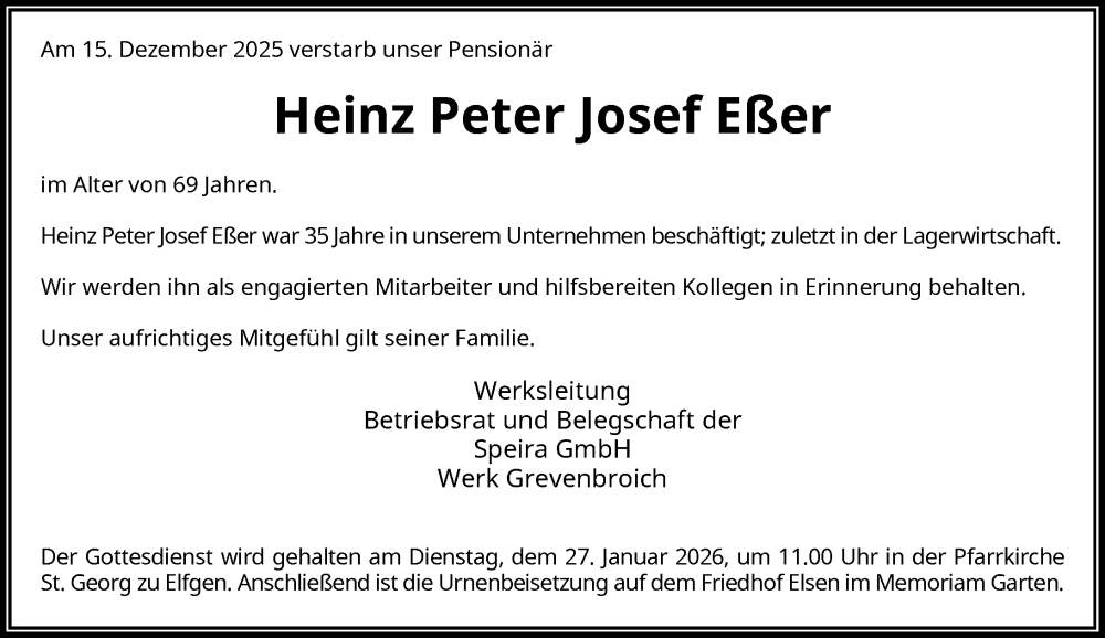  Traueranzeige für Heinz Peter Josef Eßer vom 21.01.2026 aus Rheinische Post