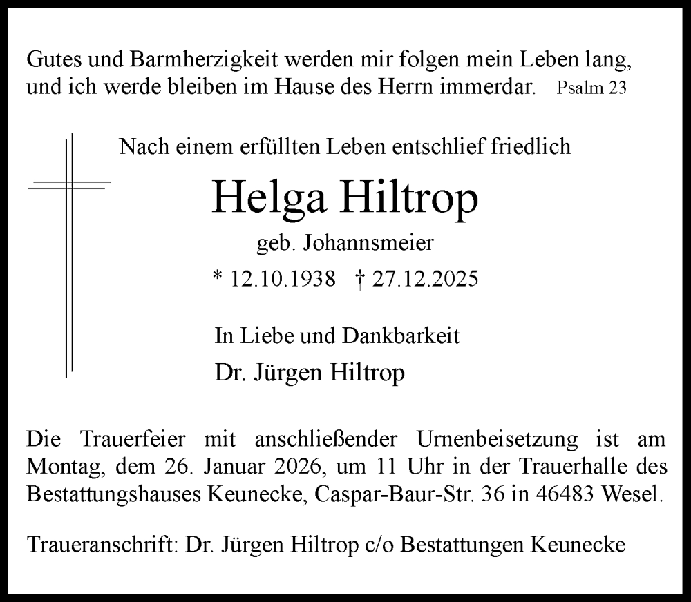  Traueranzeige für Helga Hiltrop vom 24.01.2026 aus Rheinische Post