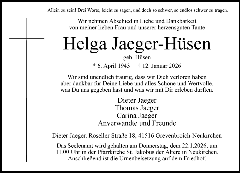  Traueranzeige für Helga Jaeger-Hüsen vom 17.01.2026 aus Rheinische Post