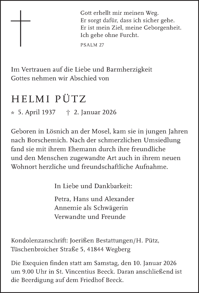  Traueranzeige für Helmi Pütz vom 07.01.2026 aus Rheinische Post