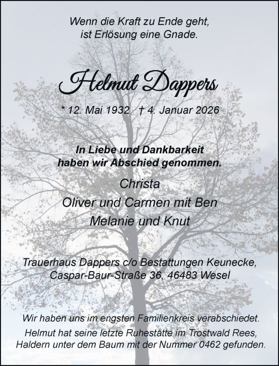 Traueranzeige von Helmut Dapper von Rheinische Post