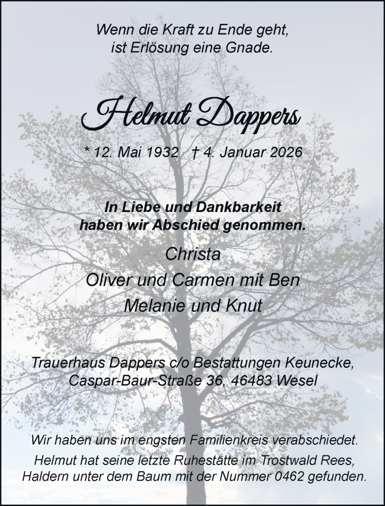  Traueranzeige für Helmut Dapper vom 17.01.2026 aus Rheinische Post