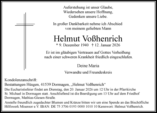 Traueranzeige von Helmut Voßhenrich von Rheinische Post