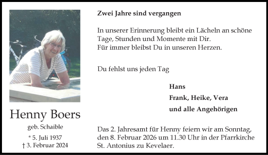 Traueranzeige von Henny Boers von Rheinische Post