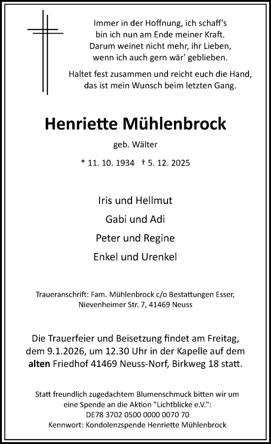 Traueranzeige von Henriette Mühlenbrock von Rheinische Post