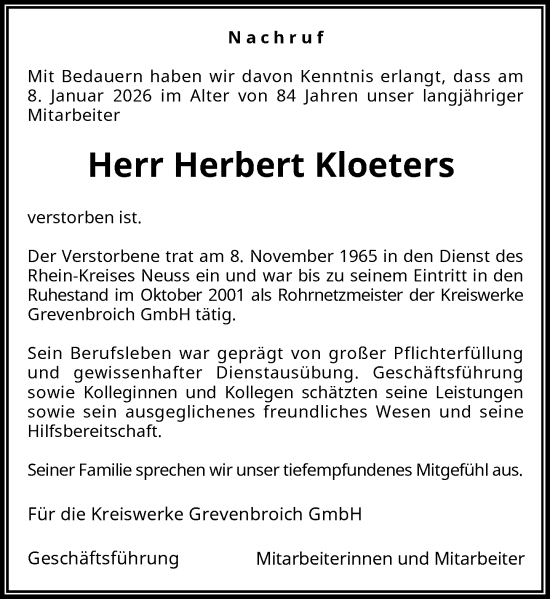 Traueranzeige von Herbert Kloeters von Rheinische Post