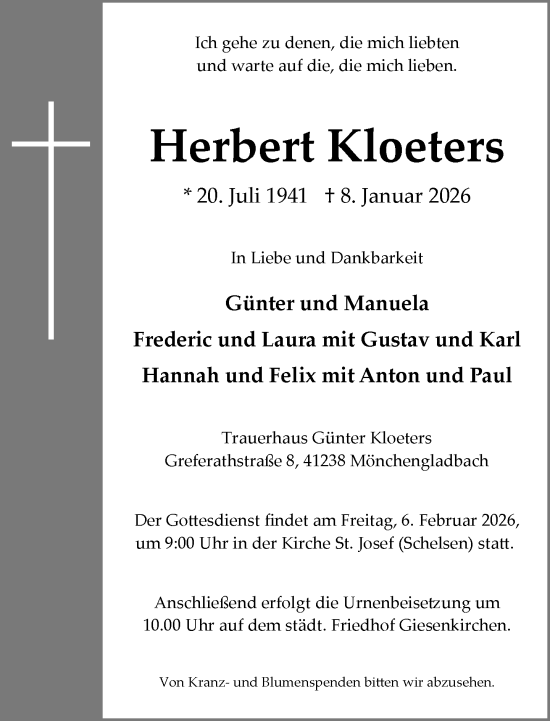 Traueranzeige von Herbert Kloeters von Rheinische Post